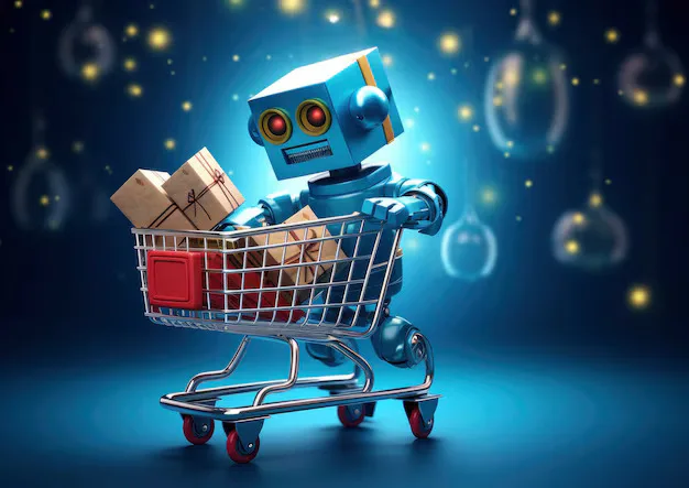Robot using a shopping cart to represent AI-driven online shopping experience.