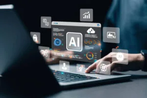 AI-powered content production tools displayed on a laptop, showing how artificial intelligence supports digital marketing workflows.