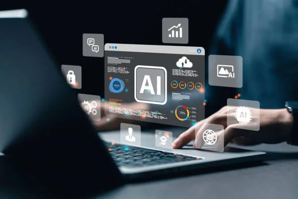 AI-powered content production tools displayed on a laptop, showing how artificial intelligence supports digital marketing workflows.