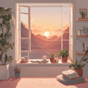 Mindful morning routine illustration showing a calm sunrise and peaceful indoor setting.