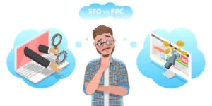 A man thoughtfully comparing SEO and PPC, contemplating which strategy offers better ROI for businesses.