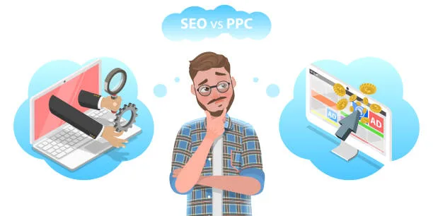 A man thoughtfully comparing SEO and PPC, contemplating which strategy offers better ROI for businesses.