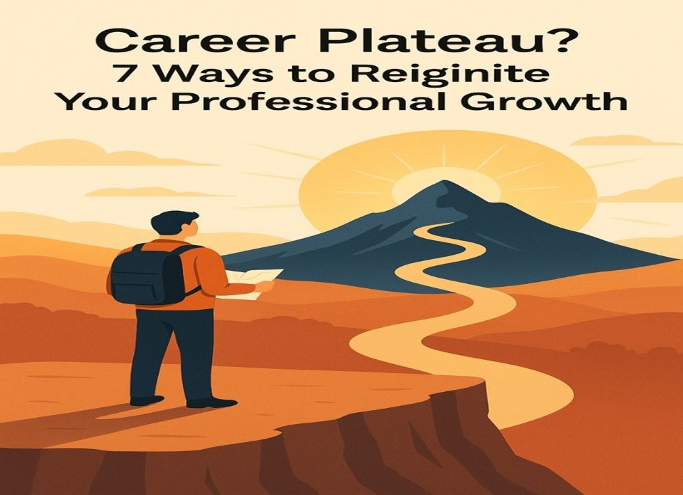 This image shows Career Plateau text written with a man standing and examining his direction.