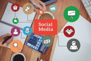Illustration showing easy tools for social media improvement, including analytics, scheduling, engagement, and content creation icons.