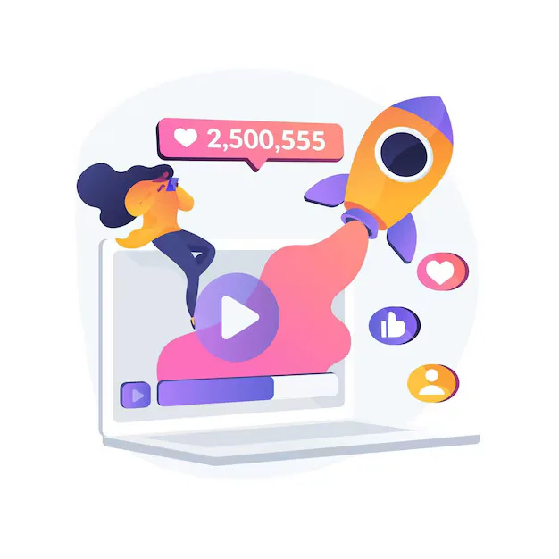 Illustration showing creating viral content for social media growth, with engagement icons, rocket launch, and high likes representing shareability and audience reach.