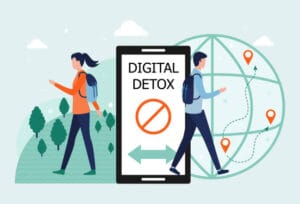 Digital minimalism summary illustration showing a phone detox and mindful technology use.