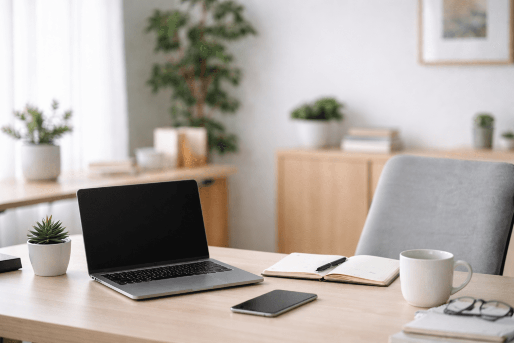 Minimal home office workspace with laptop, notebook, coffee mug, and phone on desk, illustrating case study examples for improving focus at work.