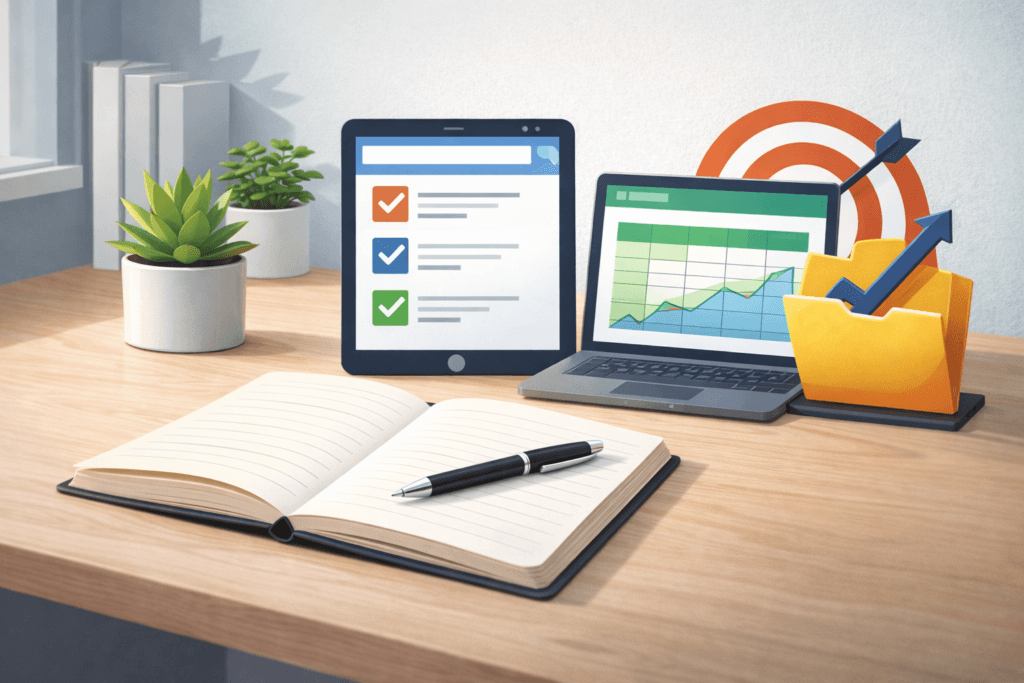 Desk workspace showing an open notebook and pen beside a tablet with a checklist, a laptop displaying a rising progress chart, a target icon, and a folder with upward arrows, illustrating goal tracking tools and productivity.