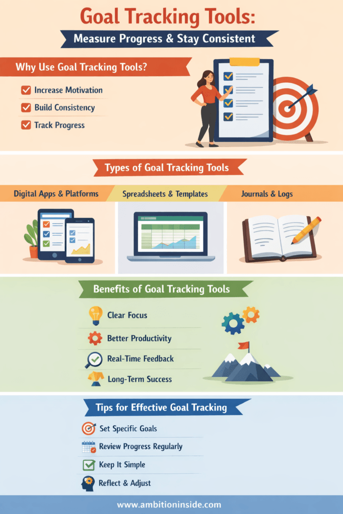Infographic titled “Goal Tracking Tools: Measure Progress & Stay Consistent” showing why to use goal tracking tools, types like digital apps, spreadsheets, and journals, their benefits such as focus and productivity, and tips for effective goal tracking.