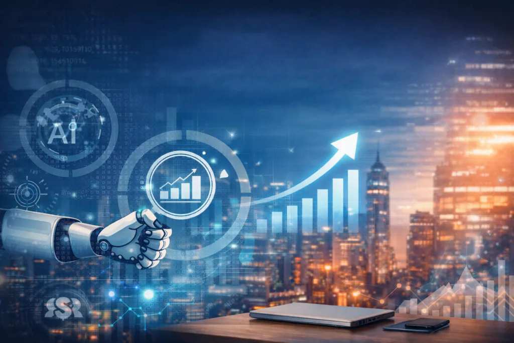Futuristic AI and business growth concept with robotic hand, rising analytics chart, and city skyline representing high income skills and digital transformation in 2026.