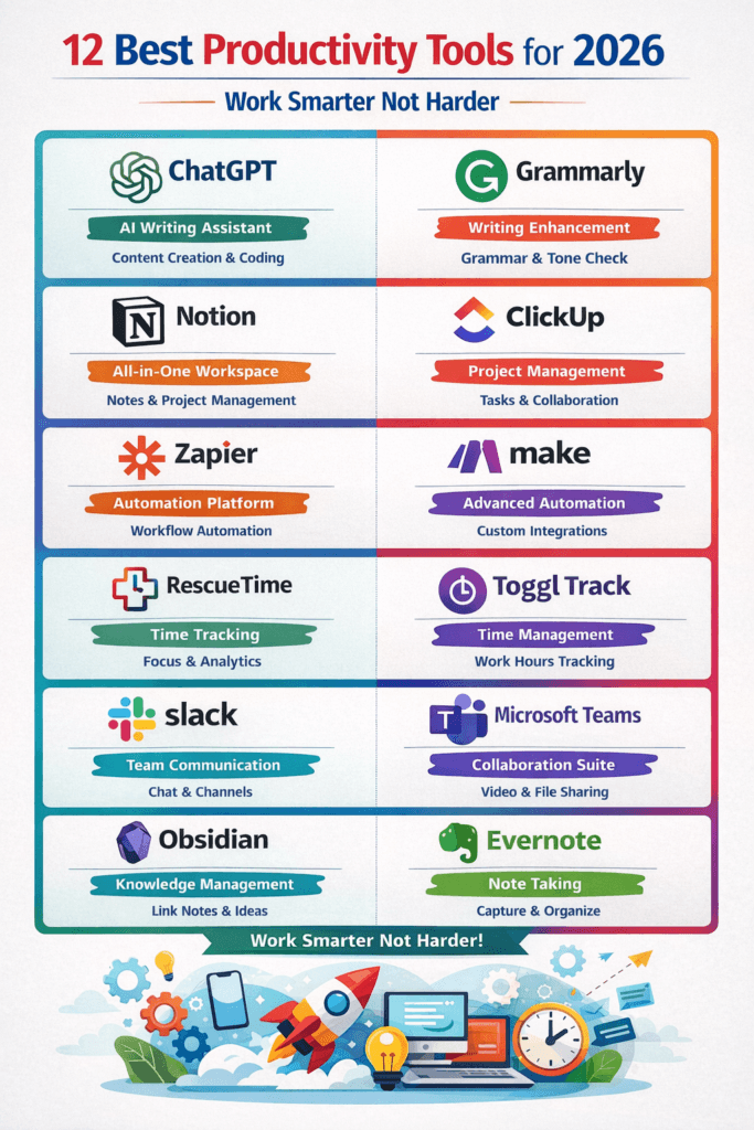 Infographic showing 12 best productivity tools for 2026