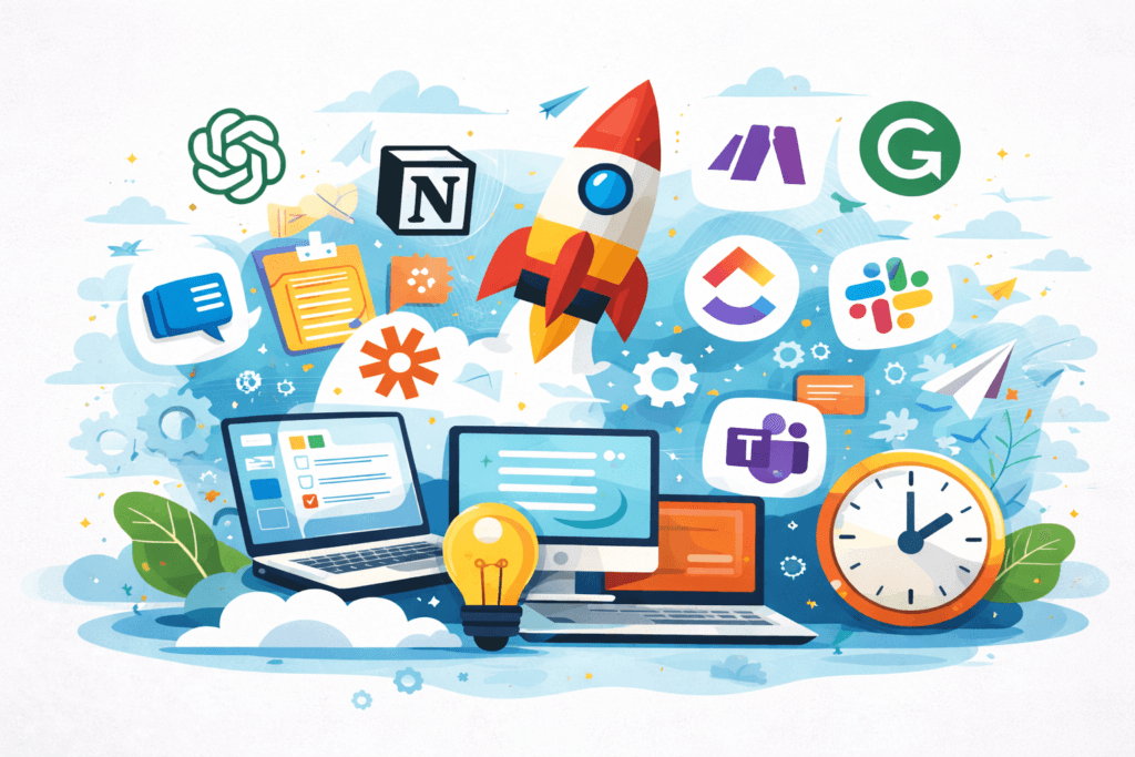 Productivity tools illustration with laptop, rocket, clock and workflow icons for work smarter not harder concept.