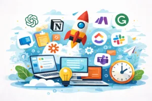 Productivity tools illustration with laptop, rocket, clock and workflow icons for work smarter not harder concept.