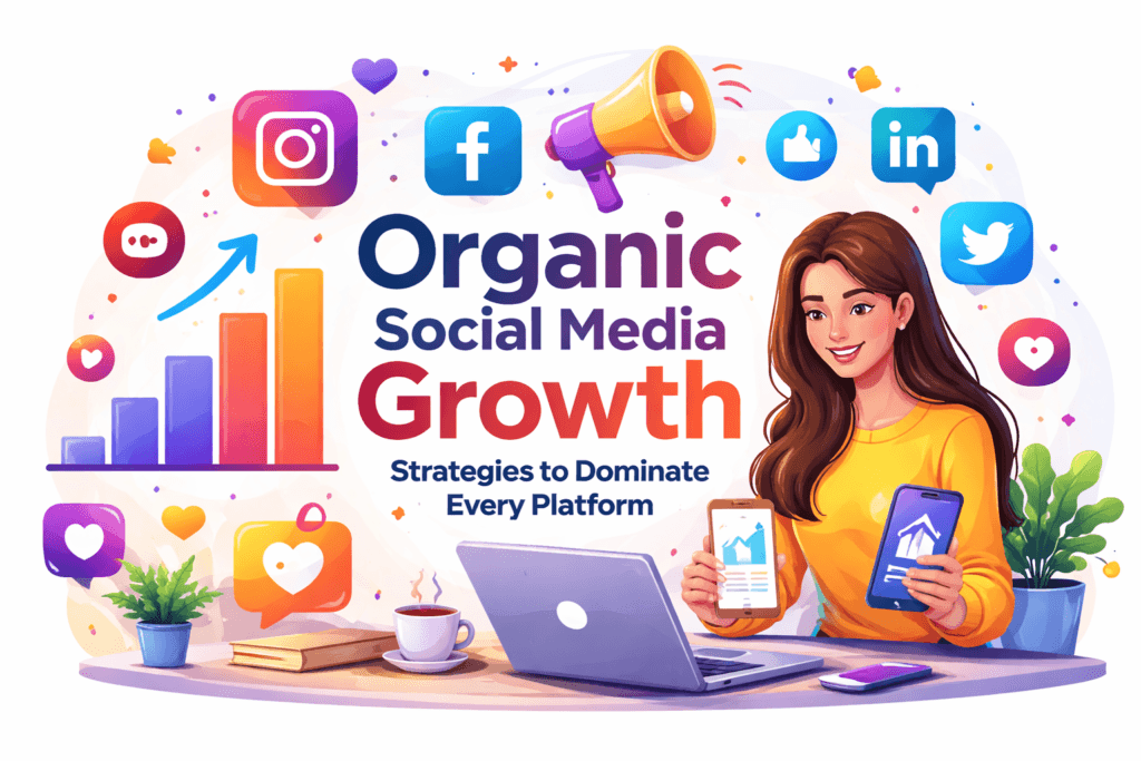 Organic social media growth illustration showing a content creator managing multiple platforms with icons, analytics charts, and engagement elements representing strategies to grow without paid ads.