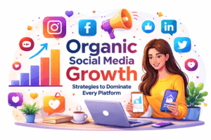 Organic social media growth illustration showing a content creator managing multiple platforms with icons, analytics charts, and engagement elements representing strategies to grow without paid ads.