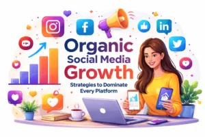 Organic social media growth illustration showing a content creator managing multiple platforms with icons, analytics charts, and engagement elements representing strategies to grow without paid ads.