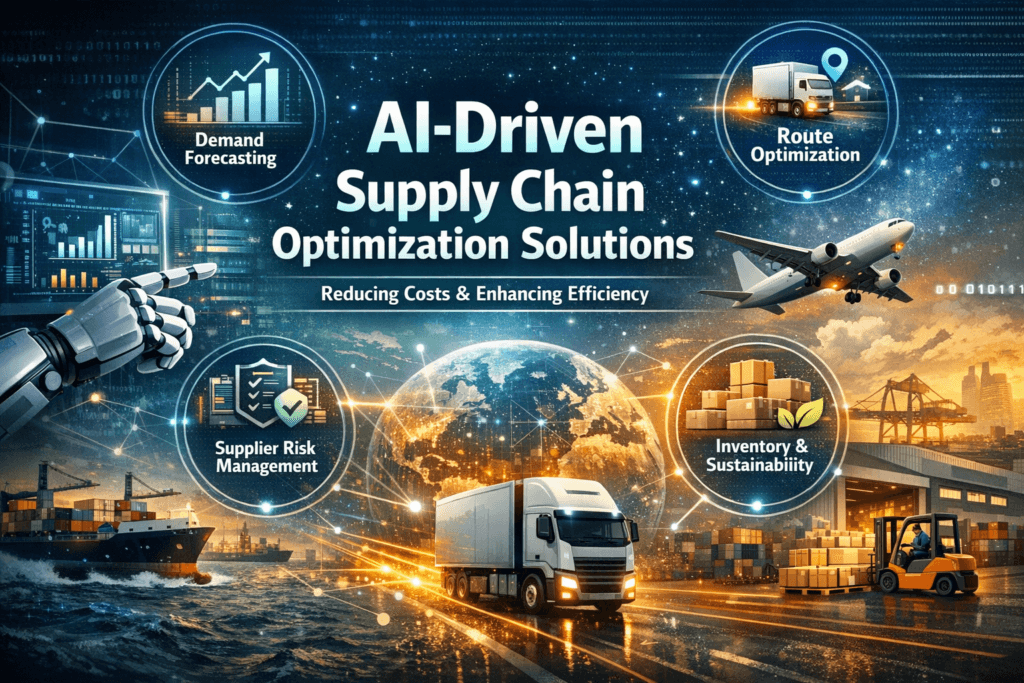 AI-driven supply chain optimization solutions visual showing demand forecasting, route optimization, supplier risk management, and inventory sustainability with trucks, cargo ships, airplane, and global logistics network reducing costs and improving efficiency.