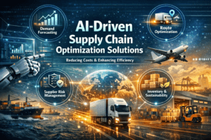 AI-driven supply chain optimization solutions visual showing demand forecasting, route optimization, supplier risk management, and inventory sustainability with trucks, cargo ships, airplane, and global logistics network reducing costs and improving efficiency.