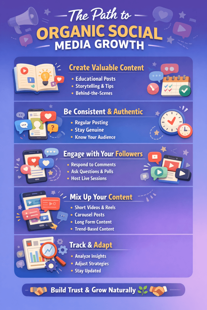 Organic social media growth infographic showing content strategy, engagement, consistency, and analytics for building a loyal audience
