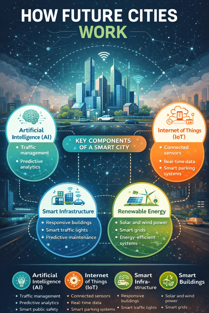 Infographic showing how future city examples work, highlighting AI, Internet of Things (IoT), smart infrastructure, and renewable energy systems powering smart urban environments. 