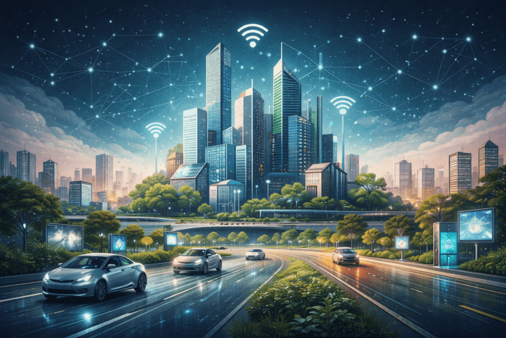 Futuristic smart city skyline with connected buildings, autonomous cars, and digital networks illustrating future city examples and advanced urban technology.