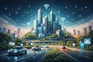 Futuristic smart city skyline with connected buildings, autonomous cars, and digital networks illustrating future city examples and advanced urban technology.