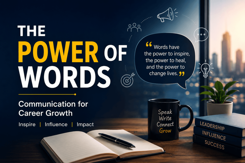 A professional workspace graphic titled “The Power of Words: Communication for Career Growth” featuring bold typography, a motivational quote about words inspiring and changing lives, and office elements like a notebook, coffee mug, leadership books, and a city skyline background symbolizing influence, success, and communication.