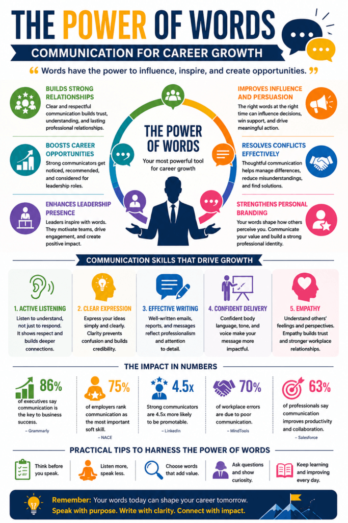 A colorful infographic titled “The Power of Words: Communication for Career Growth” explaining how communication skills improve leadership, relationships, career opportunities, conflict resolution, influence, and personal branding. It highlights key skills like active listening, clear expression, effective writing, confident delivery, and empathy, supported by workplace statistics, icons, and practical communication tips.