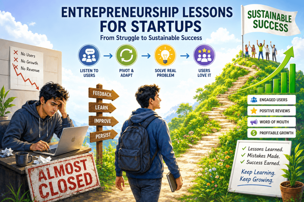 Entrepreneurship Lessons for Startups illustration showing a founder overcoming early business struggles through customer feedback, strategic pivoting, and sustainable growth.
