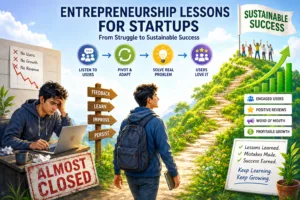 Entrepreneurship Lessons for Startups illustration showing a founder overcoming early business struggles through customer feedback, strategic pivoting, and sustainable growth.