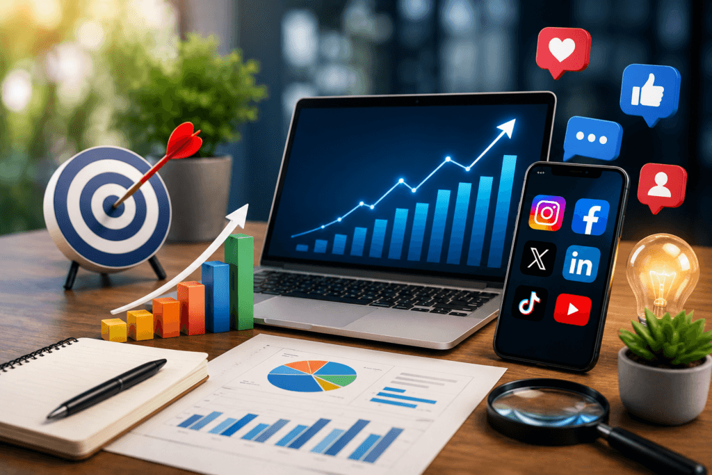 Strategic growth plan concept showing social media analytics and business growth charts.