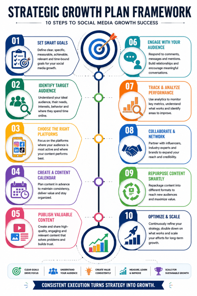 Strategic Growth Plan Framework infographic for social media growth.