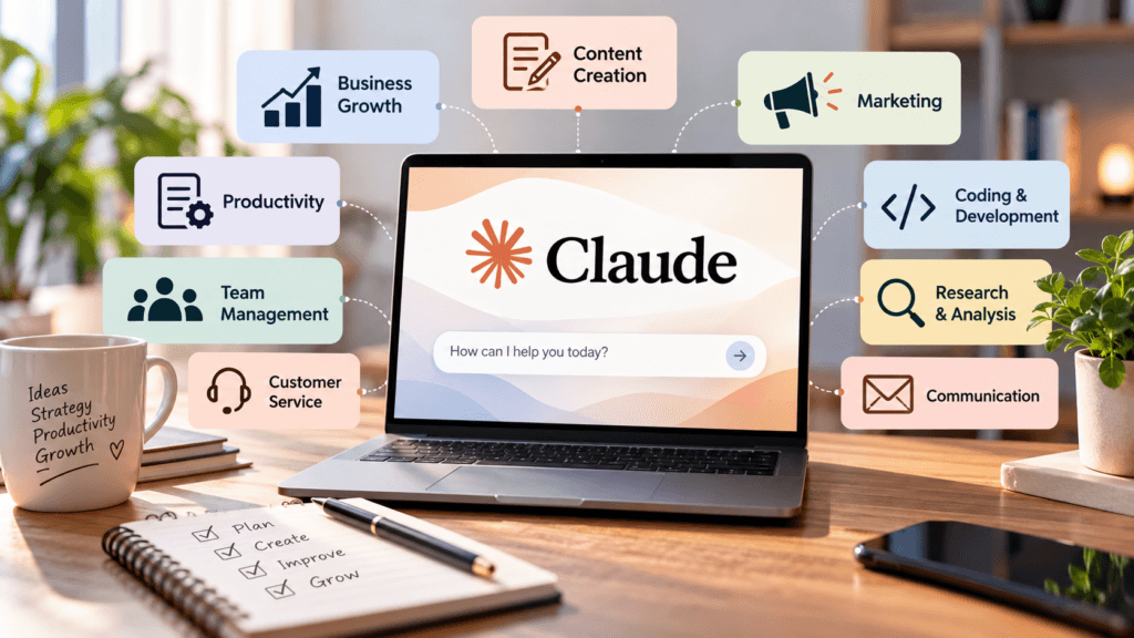 Laptop displaying Claude AI on a modern workspace, surrounded by business use cases including content creation, marketing, productivity, business growth, coding, research, communication, customer service, and team management.