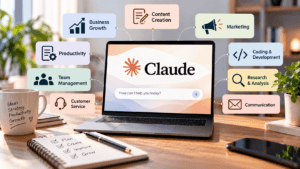 Laptop displaying Claude AI on a modern workspace, surrounded by business use cases including content creation, marketing, productivity, business growth, coding, research, communication, customer service, and team management.