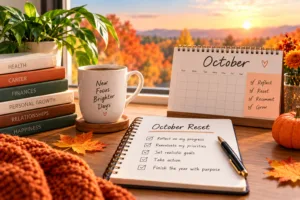 October goal-setting journal with a checklist, calendar, autumn leaves, and warm sunset, symbolizing reflection, renewed priorities, and personal growth before the year ends.